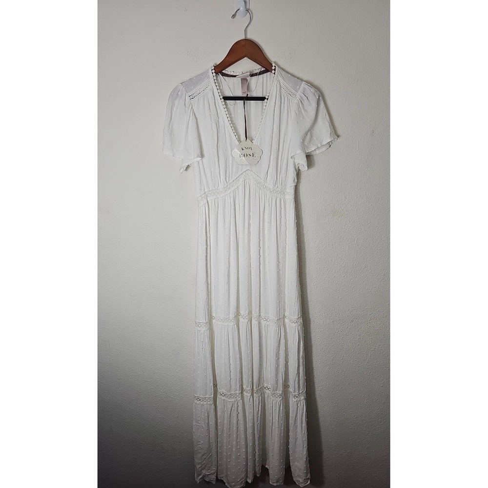 Knox Rose Women Dress Sz S White Maxi A Lined Boho‎ Crochet Smocked Short Sleeve